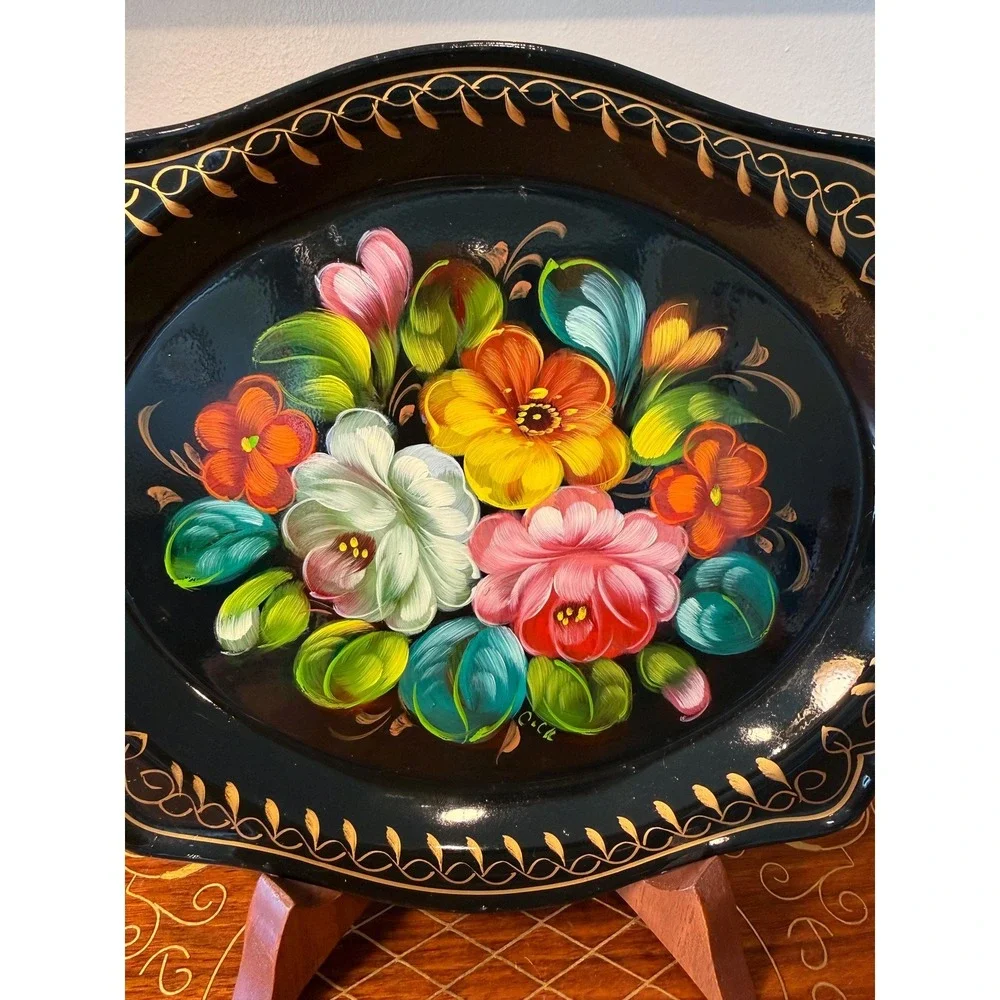 Vintage Black Tole Floral Tray - Hand‎ Painted with Stand